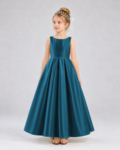 Teal Satin A-line Flower Girl Dress Front View