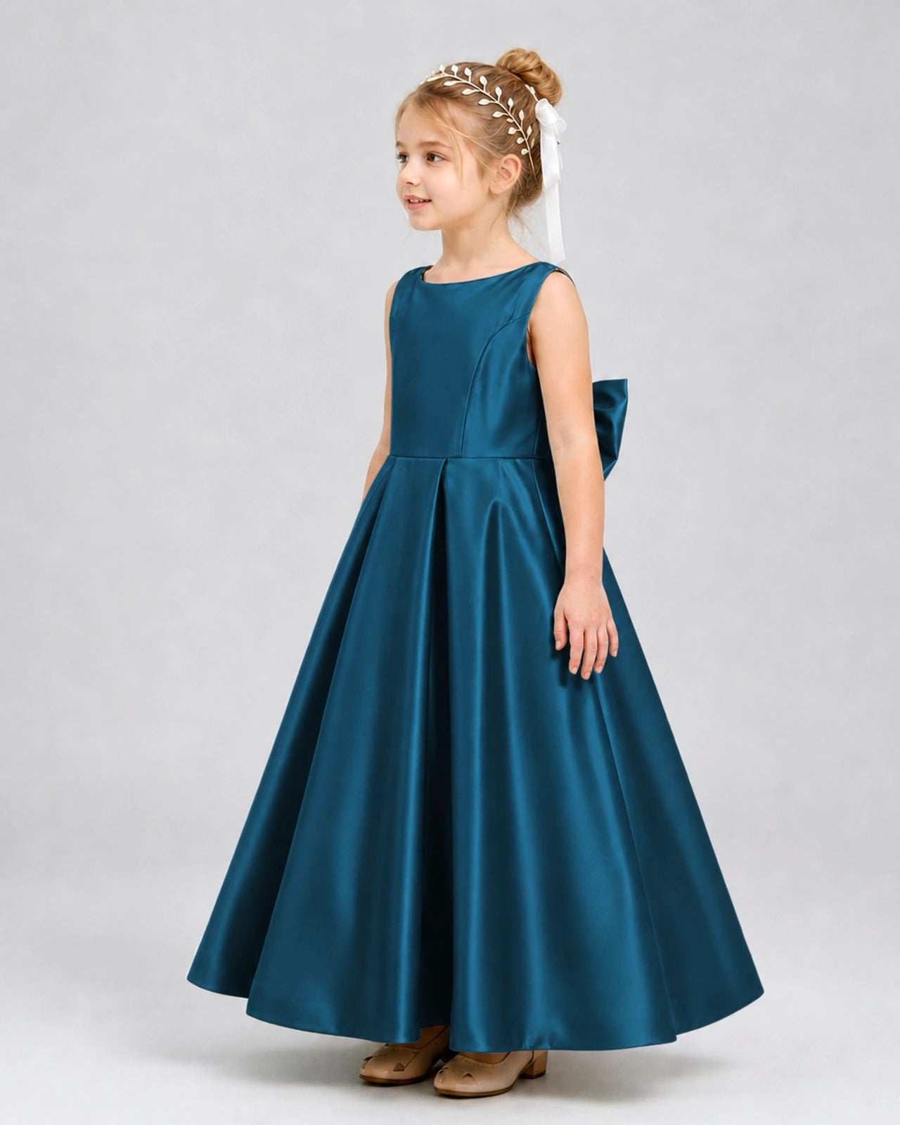 Teal Satin A-line Flower Girl Dress Side View