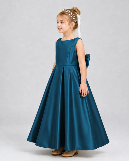 Teal Satin A-line Flower Girl Dress Side View