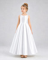 White Satin A-line Flower Girl Dress Front View