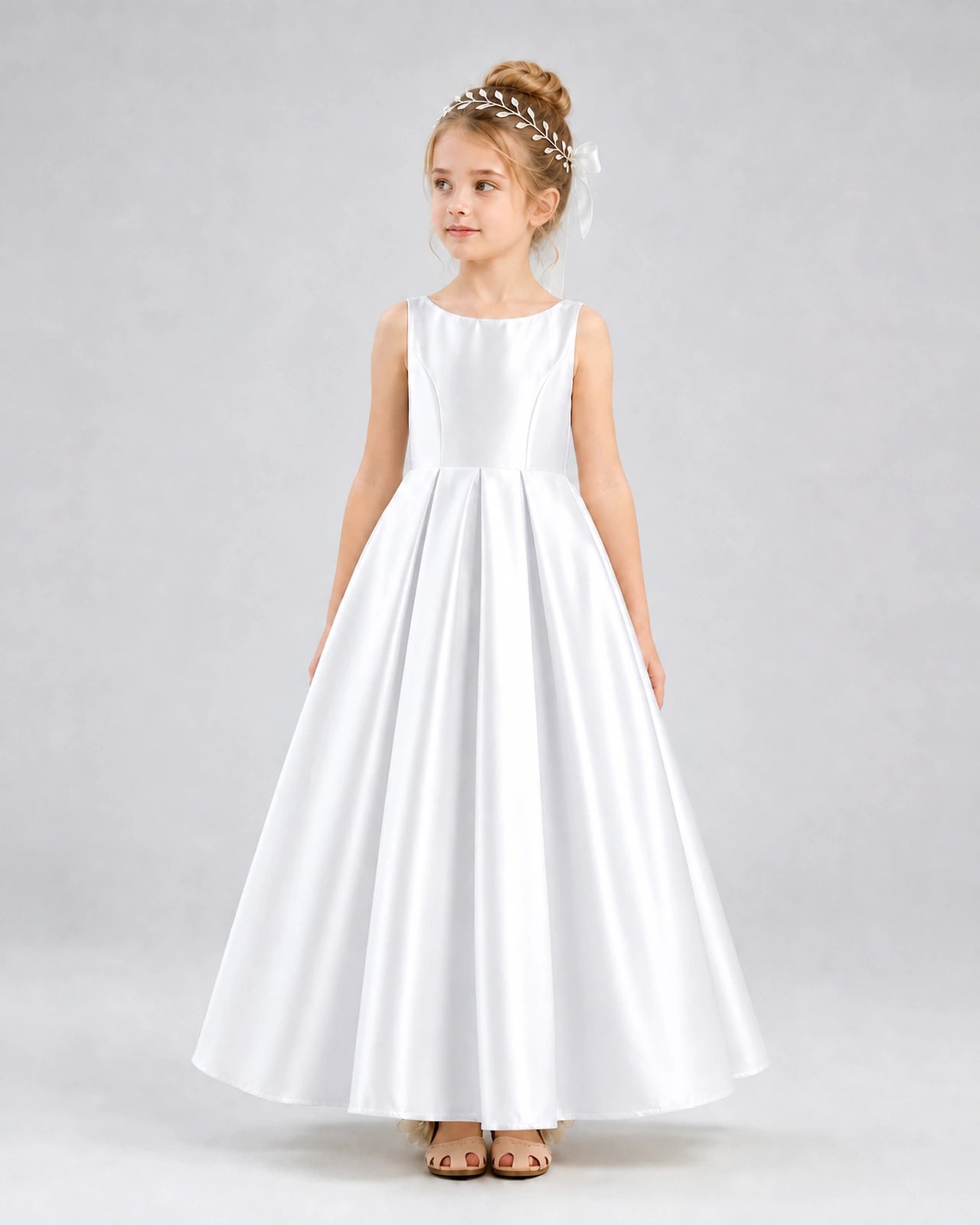White Satin A-line Flower Girl Dress Front View