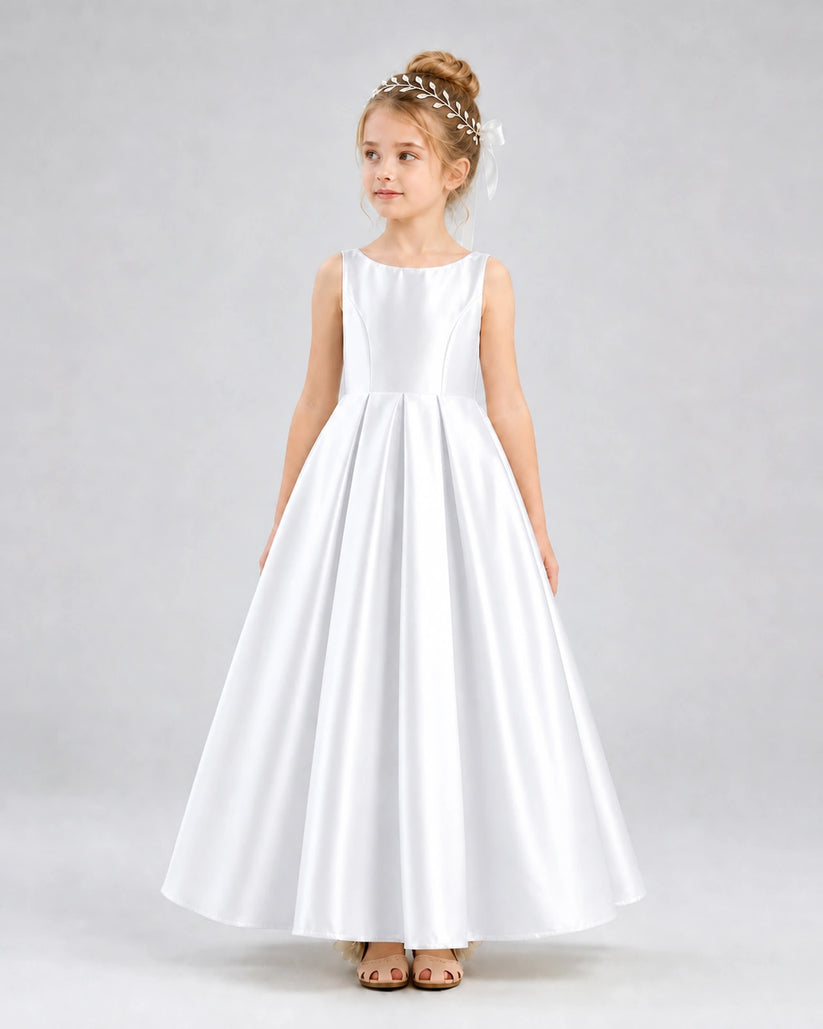 White Satin A-line Flower Girl Dress Front View