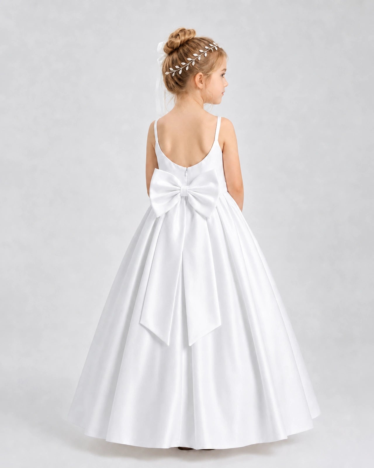 White Satin A-line Flower Girl Dress Back View