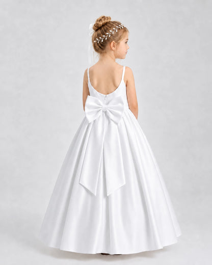 White Satin A-line Flower Girl Dress Back View