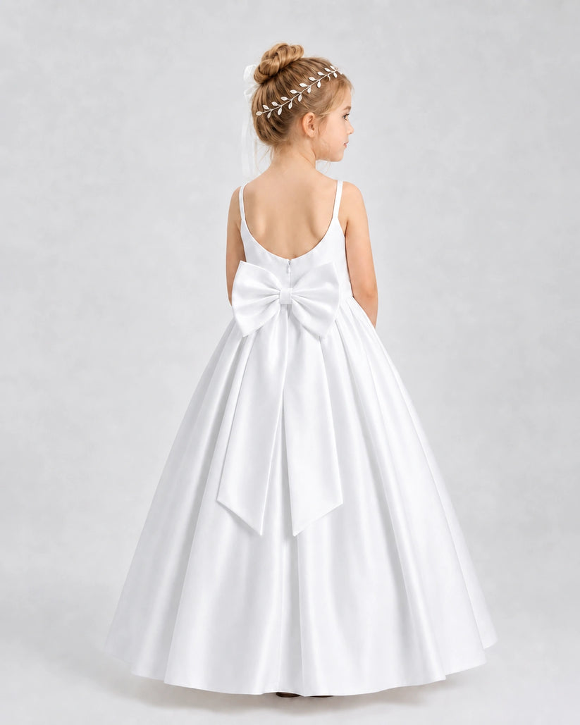 White Satin A-line Flower Girl Dress Back View