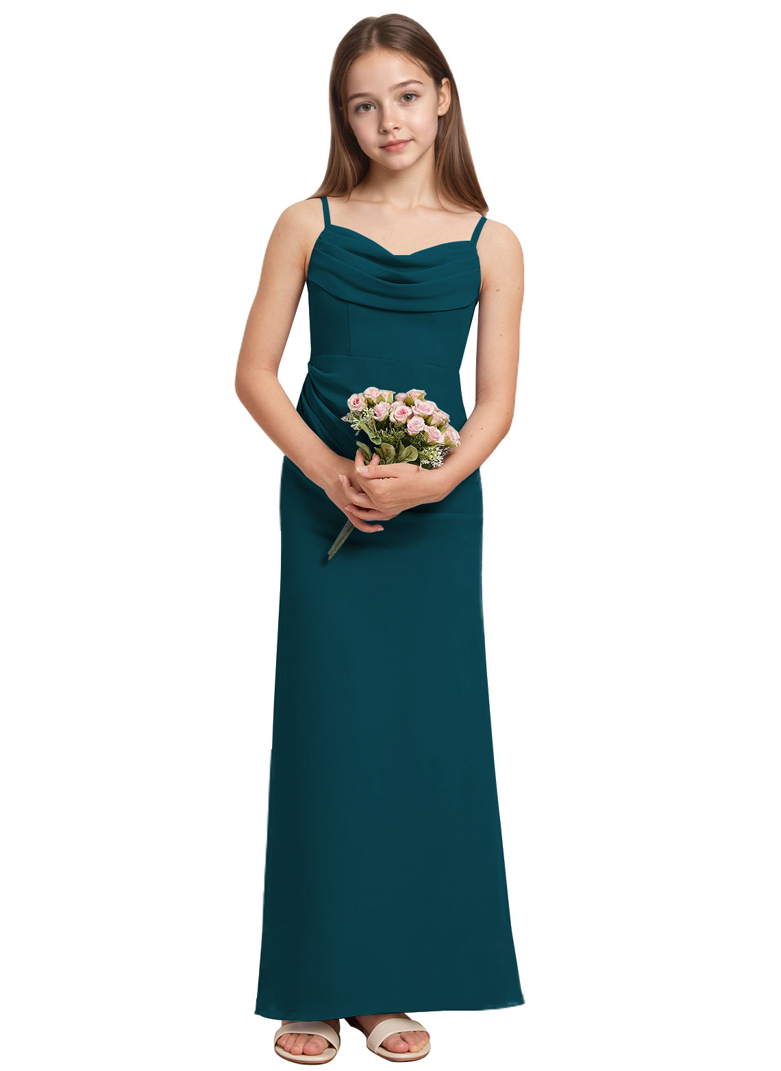 dideyttawl Long Sheathe Junior Bridesmaid Dresses for Girls Chiffon A-Line Ruched Cowl Neck Wedding Flower Girls Dress 2512
