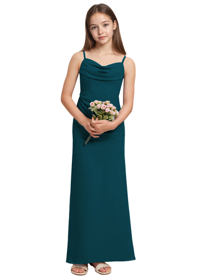 dideyttawl Long Sheathe Junior Bridesmaid Dresses for Girls Chiffon A-Line Ruched Cowl Neck Wedding Flower Girls Dress 2512