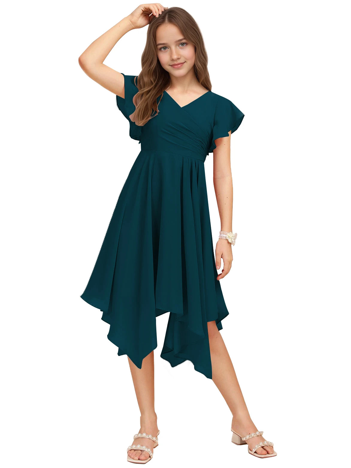 Dideyttawl Dusty Rose Junior Bridesmaid Chiffon Flutter Sleeve A-Line Dress
