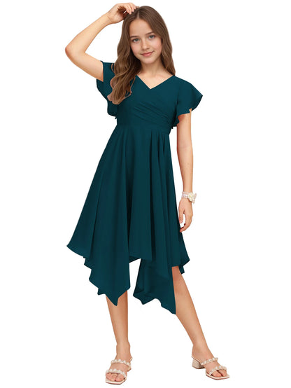 Dideyttawl Dusty Rose Junior Bridesmaid Chiffon Flutter Sleeve A-Line Dress