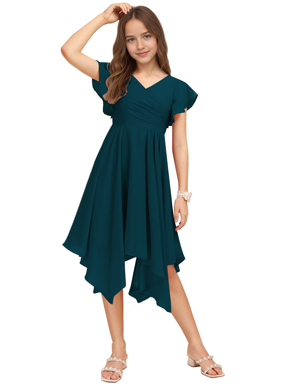Chiffon Short Junior Bridesmaid Dresses Knee Length Flutter Sleeves Flower Girl Dresses for 4-16 2505