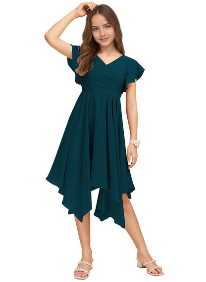 Chiffon Short Junior Bridesmaid Dresses Knee Length Flutter Sleeves Flower Girl Dresses for 4-16 2505
