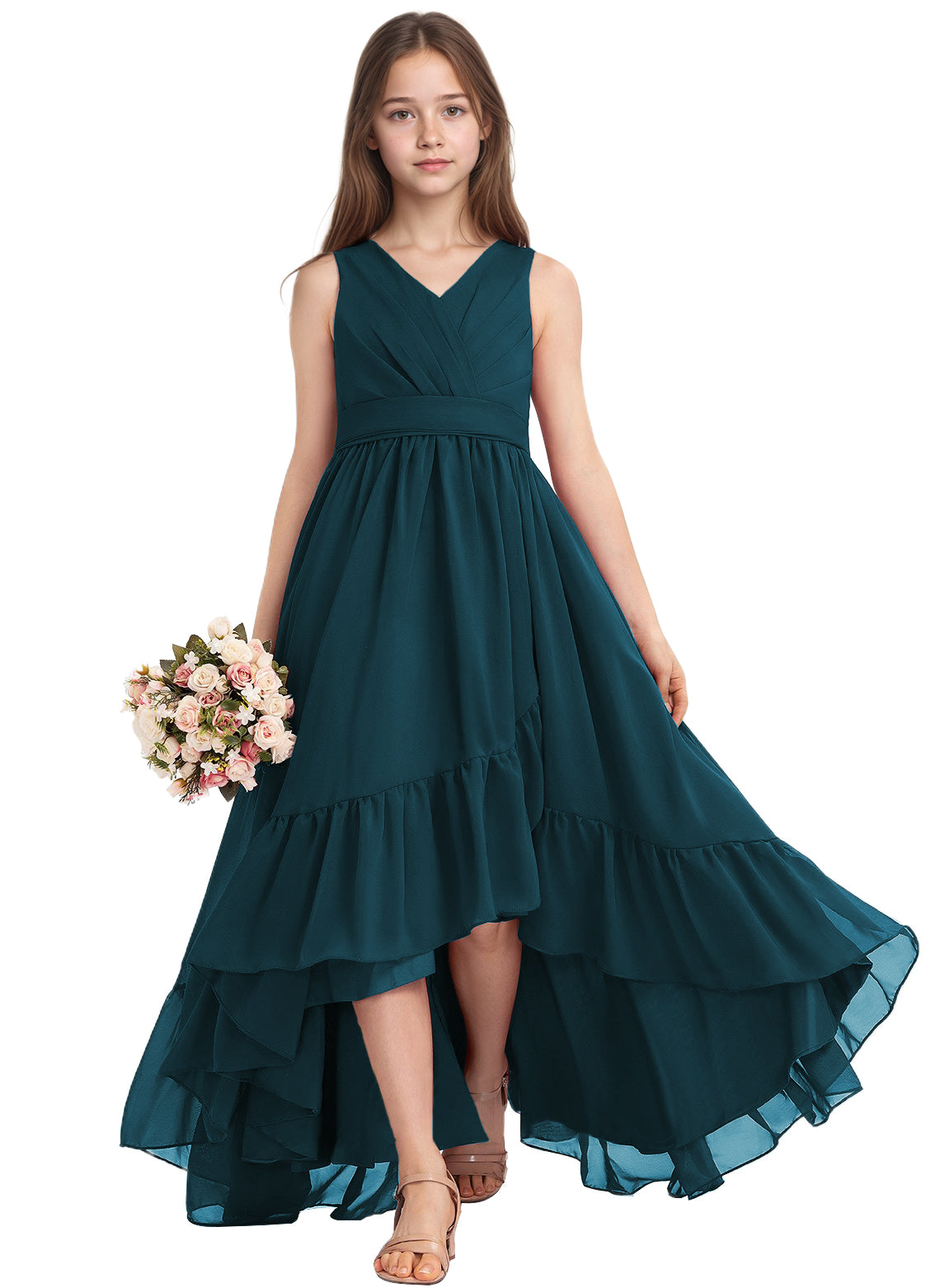 dideyttawl A-Line High Low Flower Girls Dress Long V-Neck Junior Bridesmaid Dresses for Teens Pleated Chiffon 2511