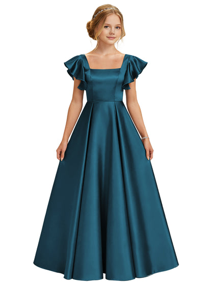 dideyttawl 2026 Girls Satin Prom Ball Gown Princess Dress Maxi Ruffle Sleeve Junior Bridesmaid Flower Girl Dresses 2546