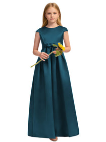 Dideyttawl White Junior Bridesmaid Dress Cap Sleeve Satin Ball Gown