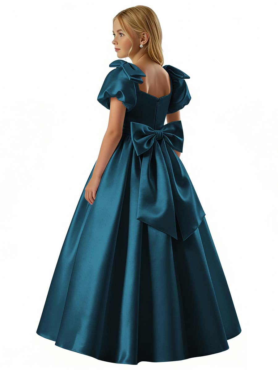 dideyttawl 2026 Satin Flower Girl Dress A Line Big Bow Long Prom Princess Ball Gown Puff Sleeves Junior Bridesmaid Dress 2773