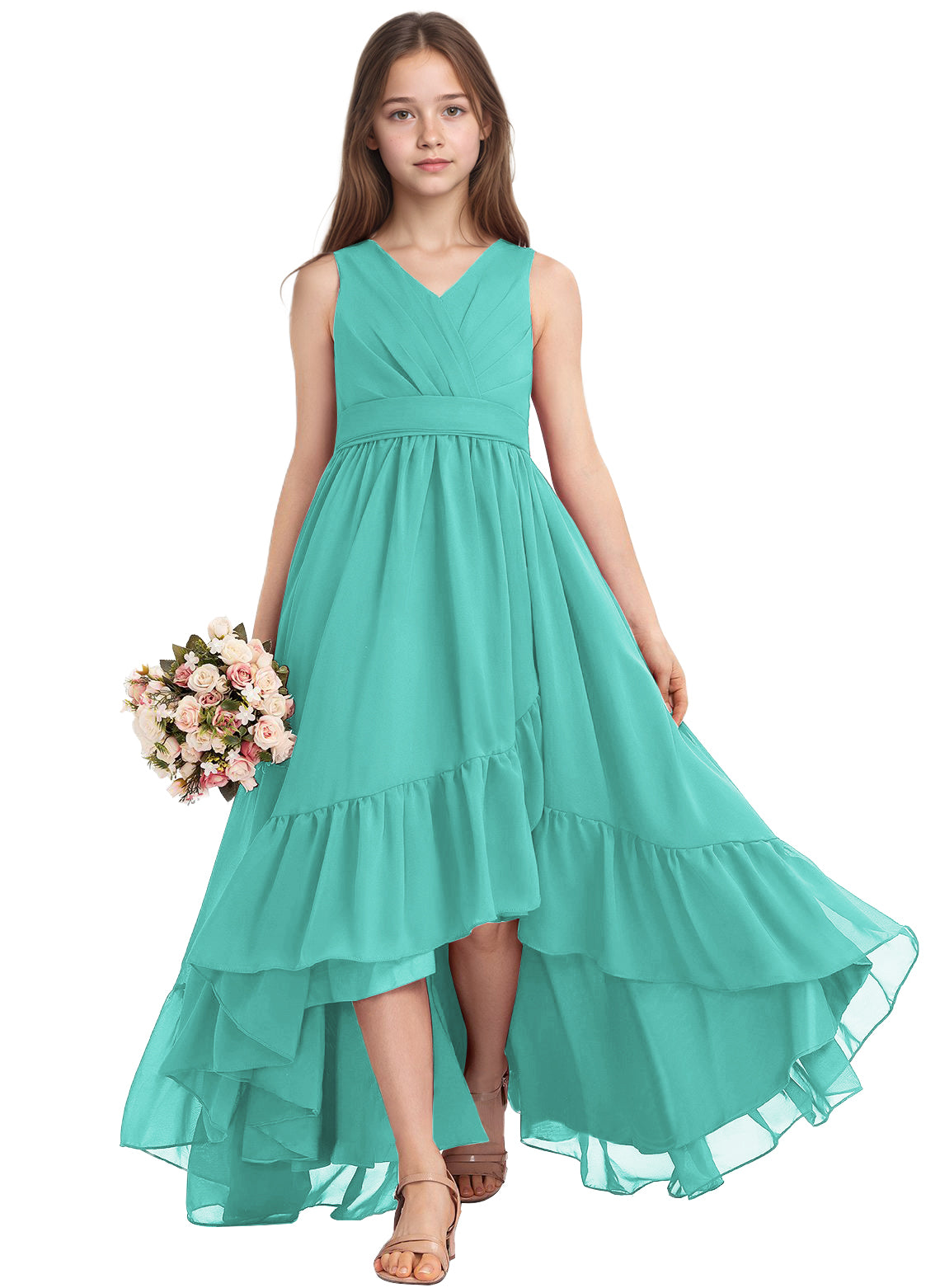 dideyttawl A-Line High Low Flower Girls Dress Long V-Neck Junior Bridesmaid Dresses for Teens Pleated Chiffon 2511