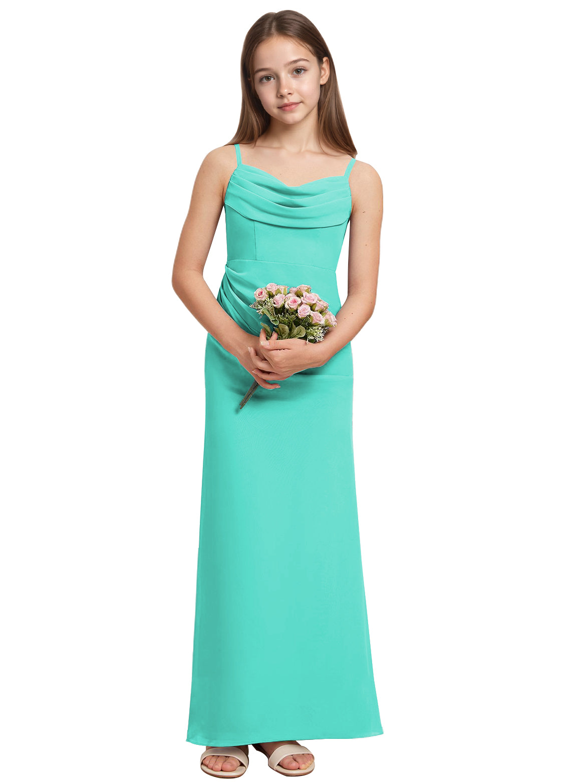 dideyttawl Long Sheathe Junior Bridesmaid Dresses for Girls Chiffon A-Line Ruched Cowl Neck Wedding Flower Girls Dress 2512
