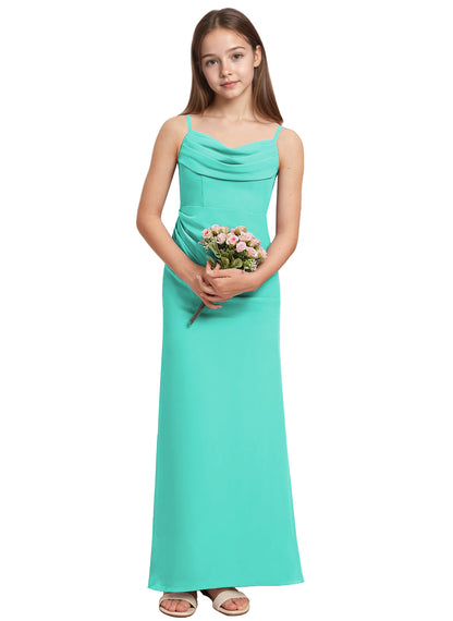 dideyttawl Long Sheathe Junior Bridesmaid Dresses for Girls Chiffon A-Line Ruched Cowl Neck Wedding Flower Girls Dress 2512