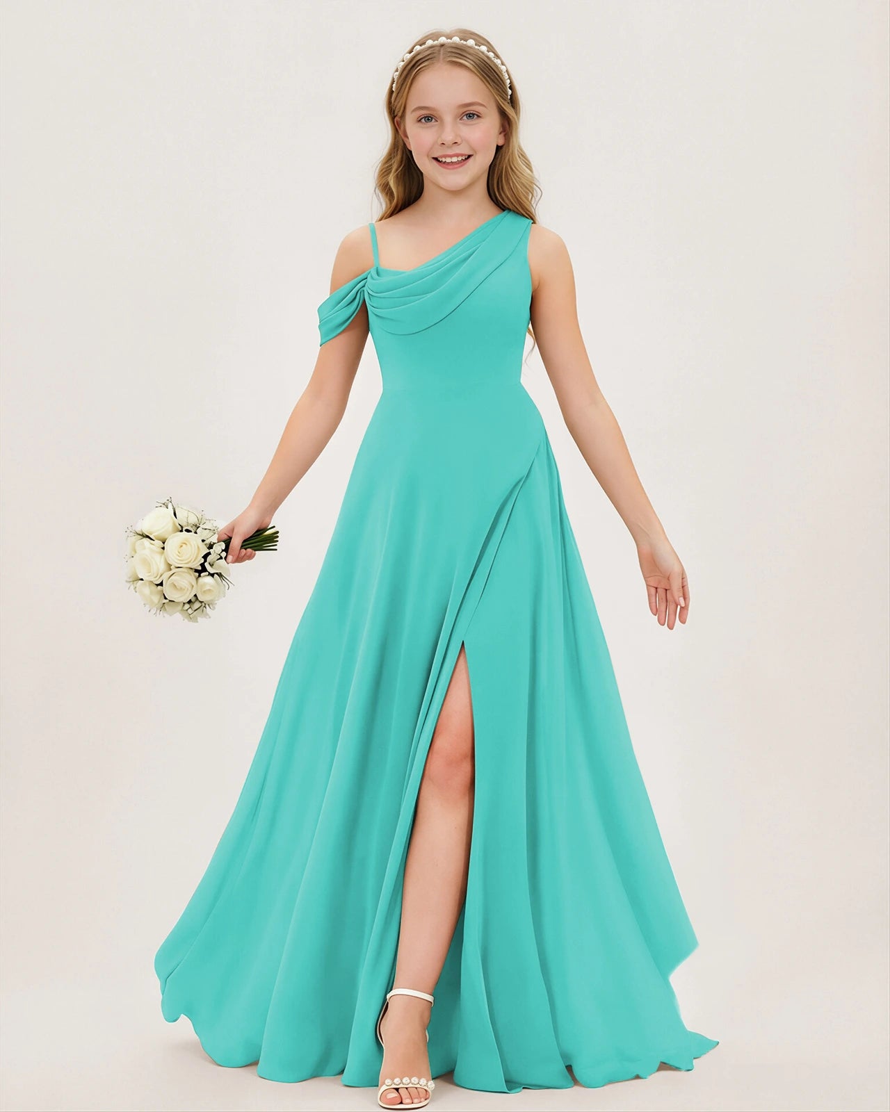 Turquoise Chiffon A-line Junior Bridesmaid Dress Front View