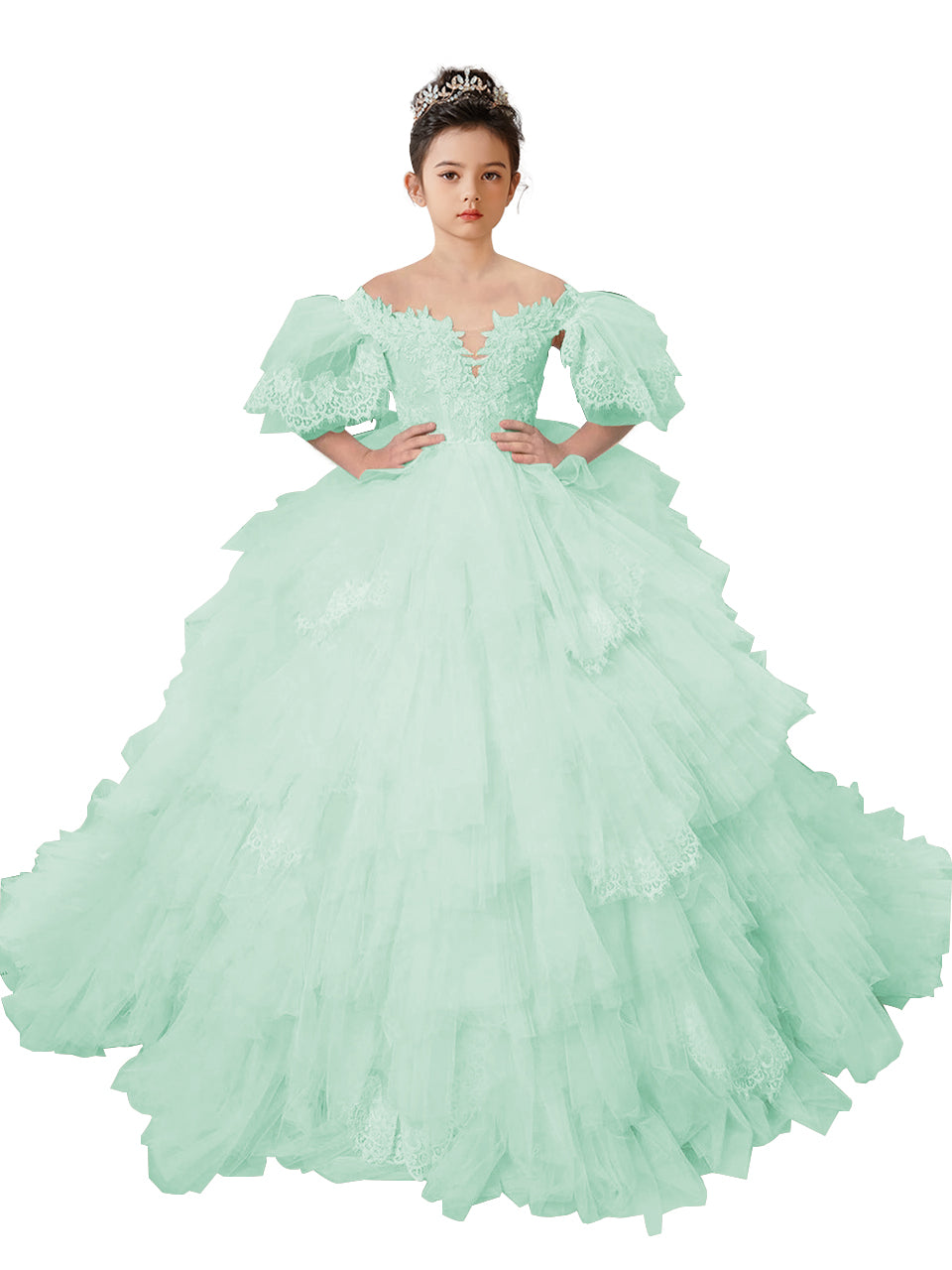Flower Girl Dresses Lace Appliqued Puffy Sleeves Floor Length Long Train Princess Dresses