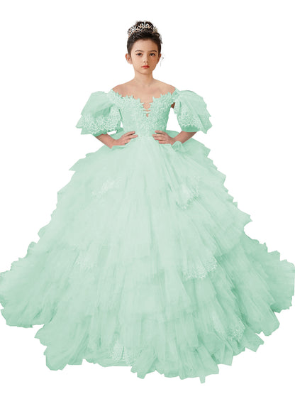 Flower Girl Dresses Lace Appliqued Puffy Sleeves Floor Length Long Train Princess Dresses