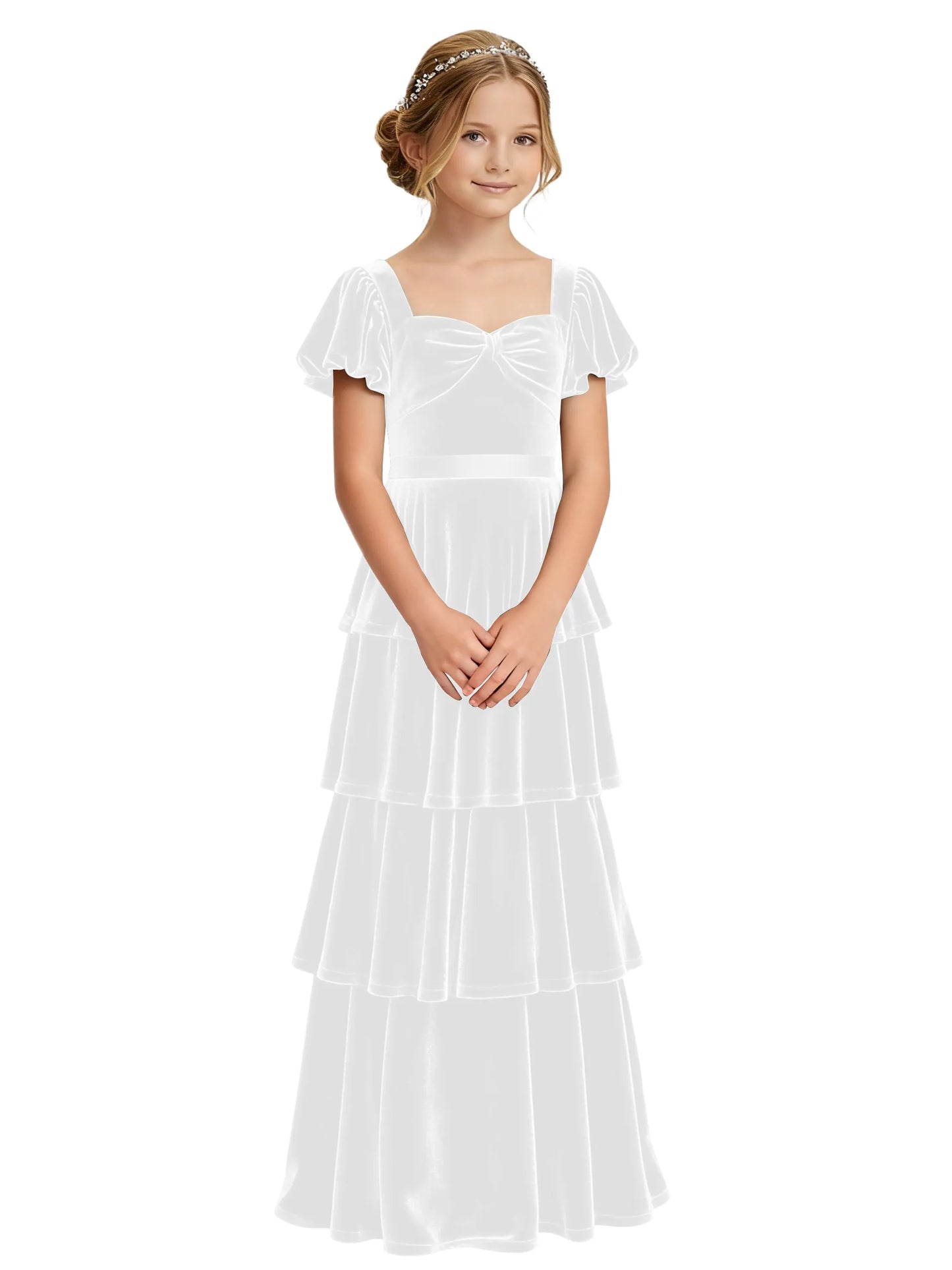Dideyttawl Burgundy Velvet Junior Bridesmaid Dress Puff Sleeve Tiered Ruffle Formal Dress