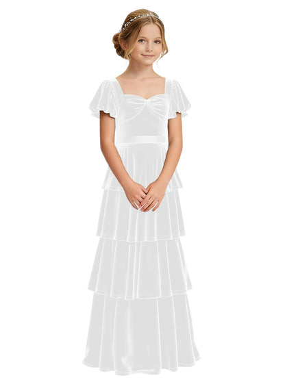 Dideyttawl Burgundy Velvet Junior Bridesmaid Dress Puff Sleeve Tiered Ruffle Formal Dress
