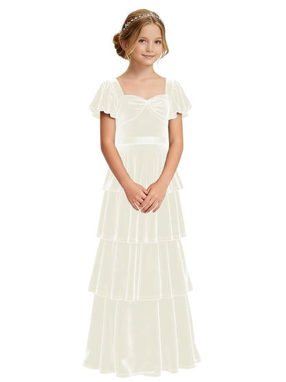 Dideyttawl Burgundy Velvet Junior Bridesmaid Dress Puff Sleeve Tiered Ruffle Formal Dress