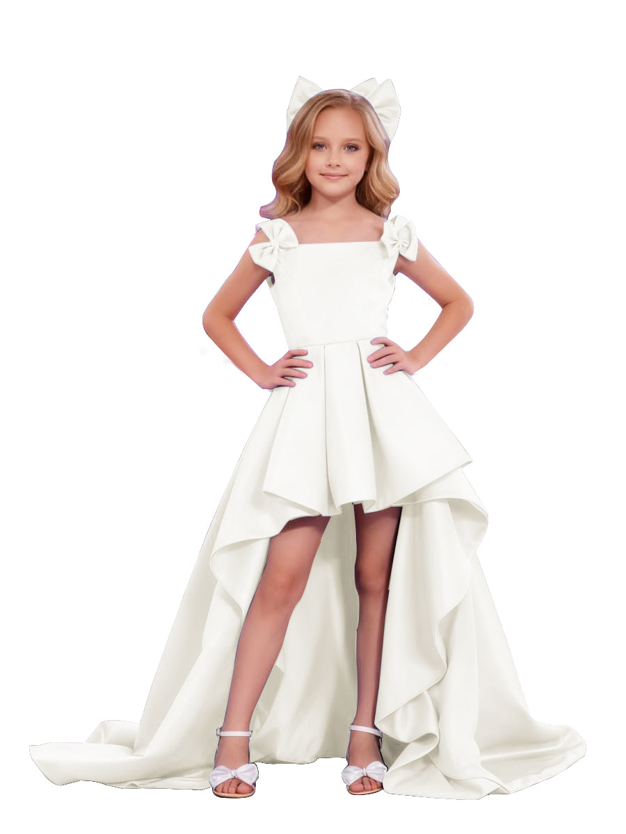 dideyttawl High-Low Junior Bridesmaid Dresses for Girls Pleated Satin A-Line Bow Straps Pageant Formal Party Dress 2536