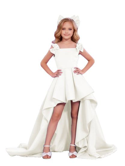 dideyttawl High-Low Junior Bridesmaid Dresses for Girls Pleated Satin A-Line Bow Straps Pageant Formal Party Dress 2536