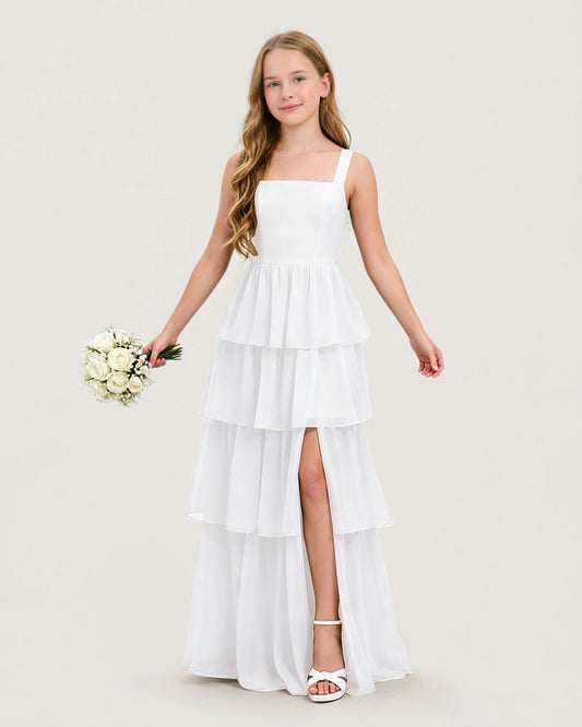 White Chiffon A-line Junior Bridesmaid Dress Front View