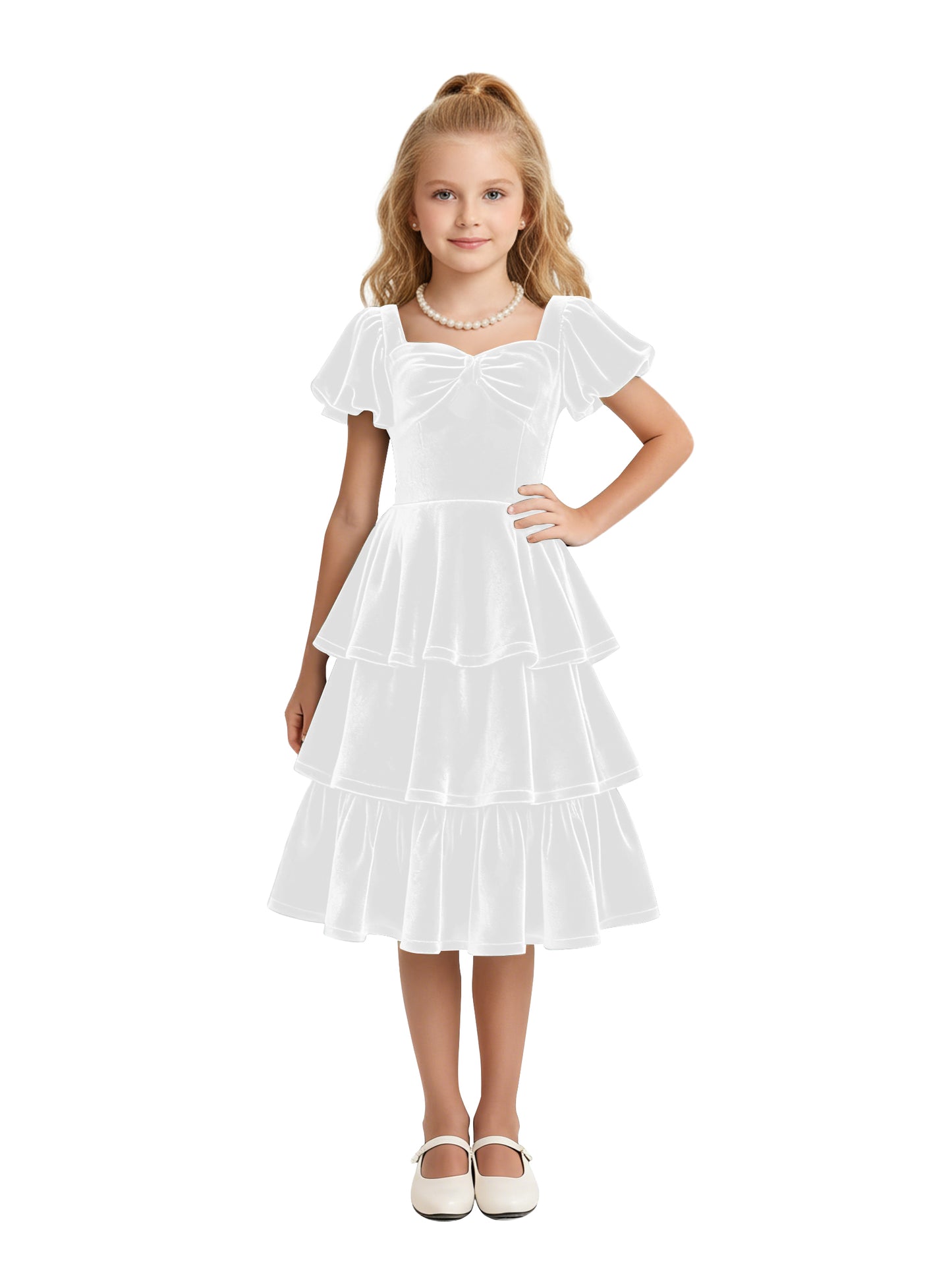 dideyttawl Girls Pleated Velvet Knee Length Junior Bridesmaid Dress with Short Lantern Sleeves 2543