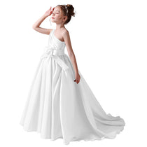 Dideyttawl Flower Girls Pageant Dresses One Shoulder Sleeveless Formal Satin Dress for Wedding Guest Princess Ball Gown Flower Belt Dress