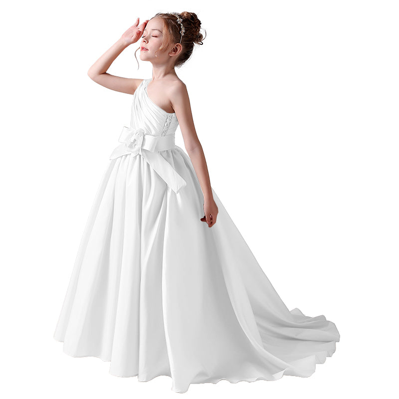 Dideyttawl Flower Girls Pageant Dresses One Shoulder Sleeveless Formal Satin Dress for Wedding Guest Princess Ball Gown Flower Belt Dress