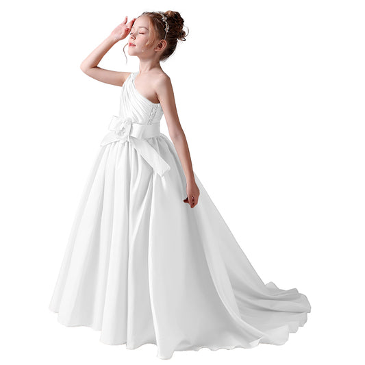 Dideyttawl Flower Girls Pageant Dresses One Shoulder Sleeveless Formal Satin Dress for Wedding Guest Princess Ball Gown Flower Belt Dress