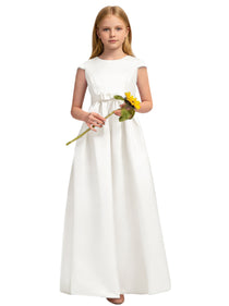 Dideyttawl White Junior Bridesmaid Dress Cap Sleeve Satin Ball Gown