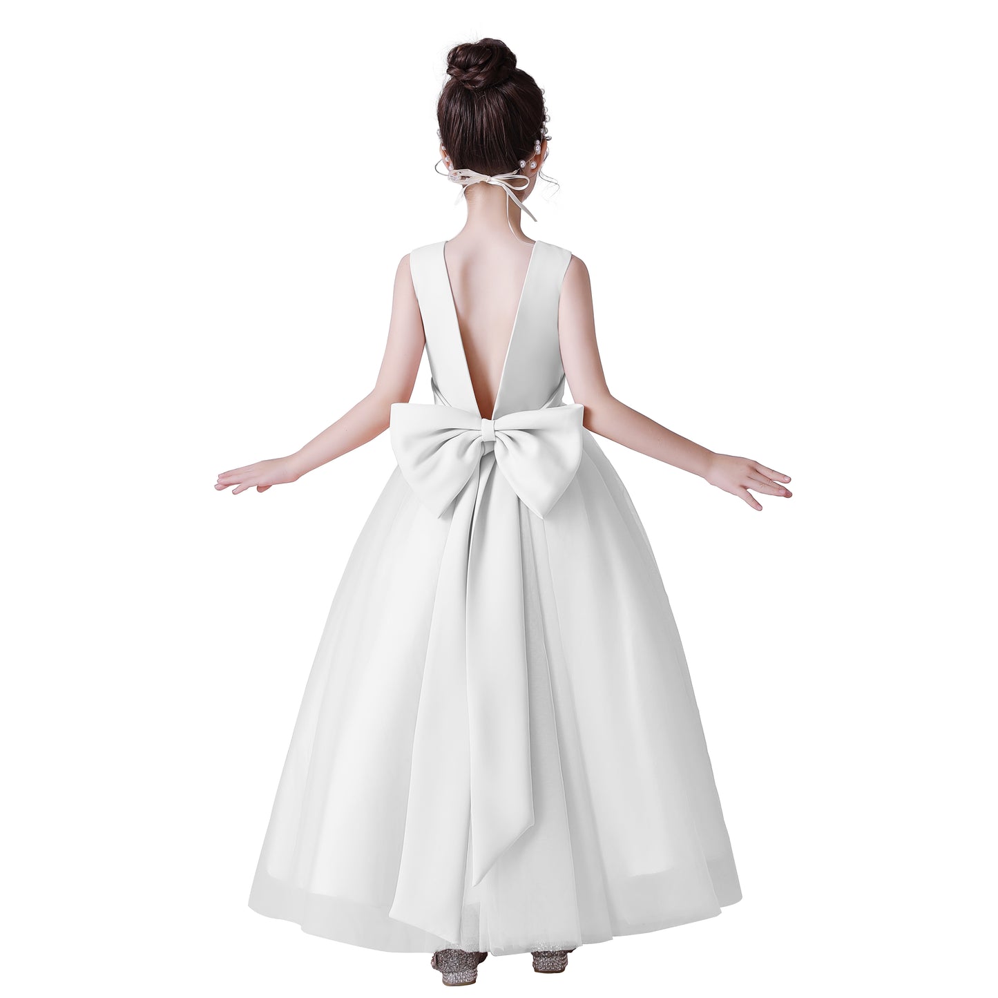 Dideyttawl Big Bow V-Back Satin Tulle Flower Girl Dress with Pearls Puffy Princess Ball Gown