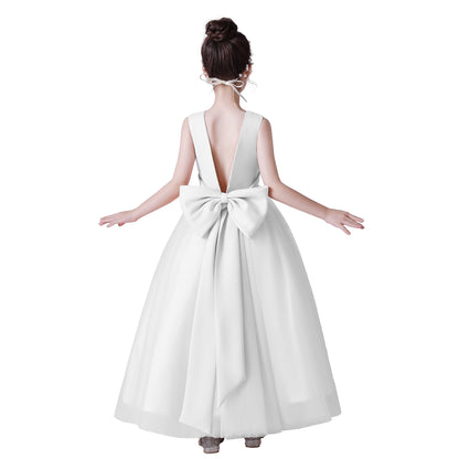 Dideyttawl Big Bow V-Back Satin Tulle Flower Girl Dress with Pearls Puffy Princess Ball Gown