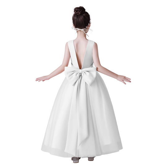 Dideyttawl Big Bow V-Back Satin Tulle Flower Girl Dress with Pearls Puffy Princess Ball Gown