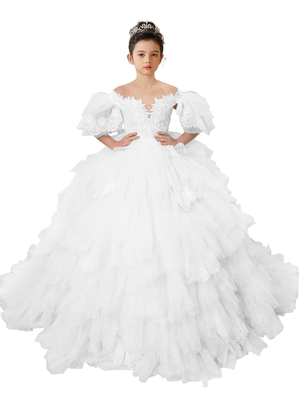 Flower Girl Dresses Lace Appliqued Puffy Sleeves Floor Length Long Train Princess Dresses