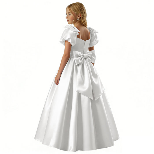 dideyttawl 2026 Satin Flower Girl Dress A Line Big Bow Long Prom Princess Ball Gown Puff Sleeves Junior Bridesmaid Dress 2773