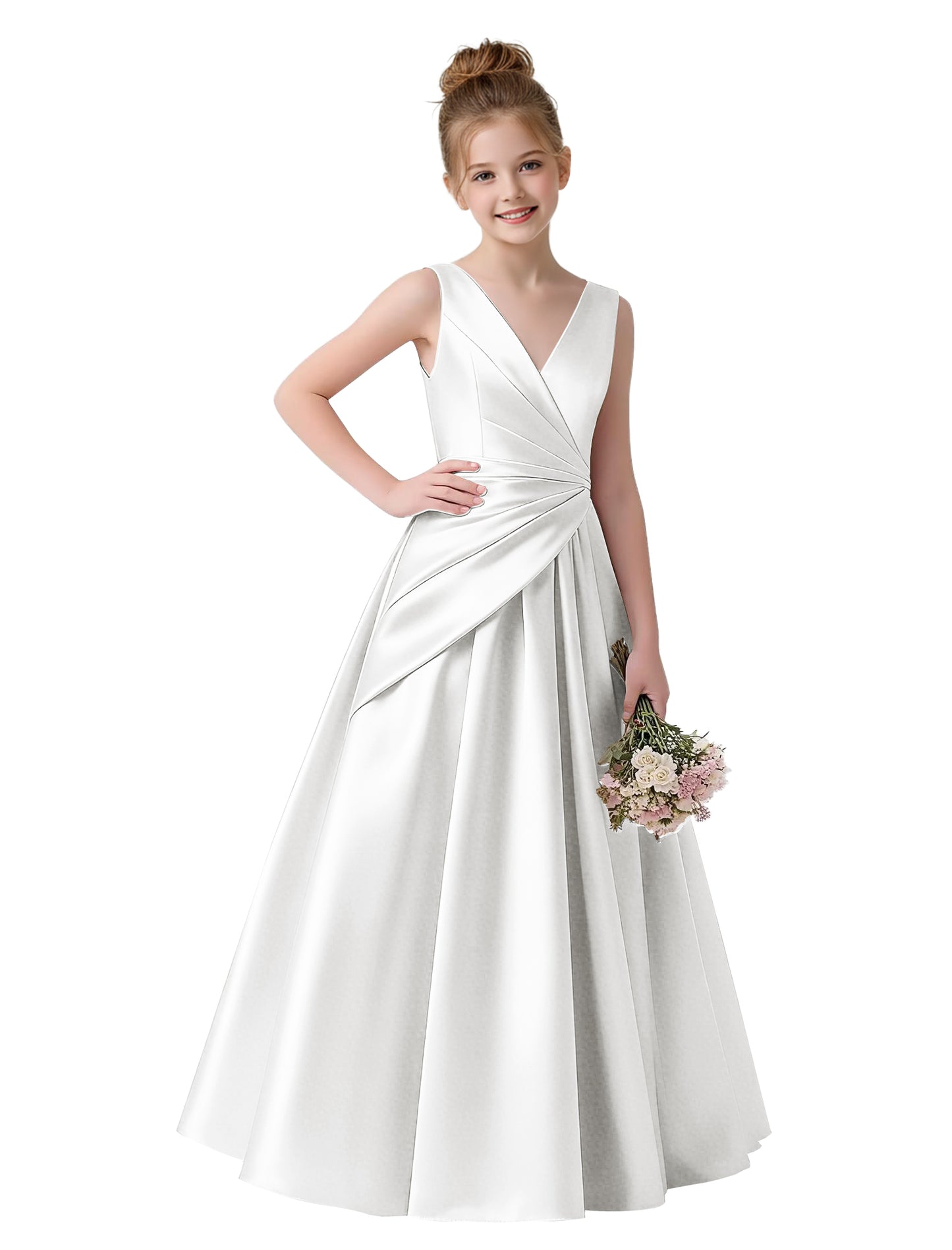 dideyttawl 2026 Pleated Satin Flower Girl Dress Junior Bridesmaid Dress Sleeveless A Line V-Neck Prom Ball Gown 2786