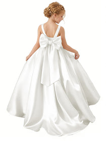 Dideyttawl Big Bow Satin Flower Girl Dress for Wedding A-Line Princess Pageant Ball Gown Formal Party