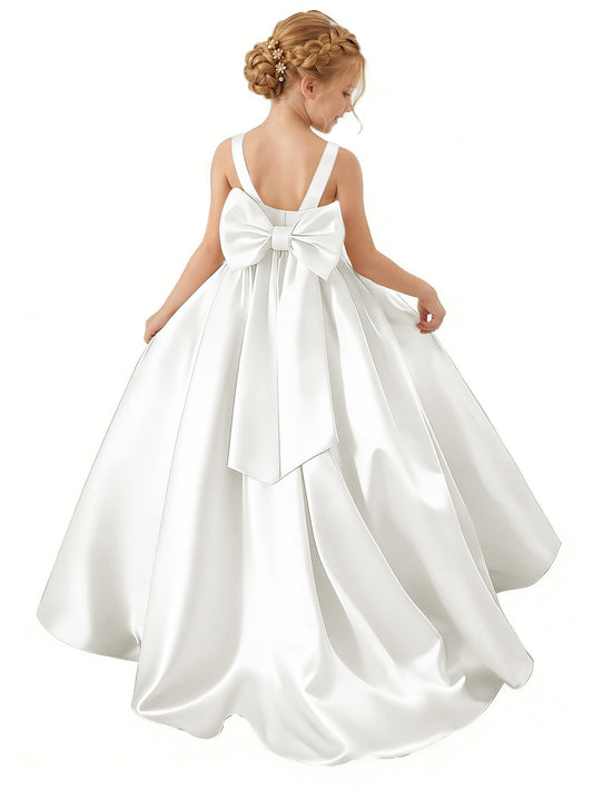 dideyttawl Big Bow Junior Bridesmaid Dresses for Wedding Satin Flower Girls Dress A-Line Princess Pageant Ball Gown Formal Party 2779
