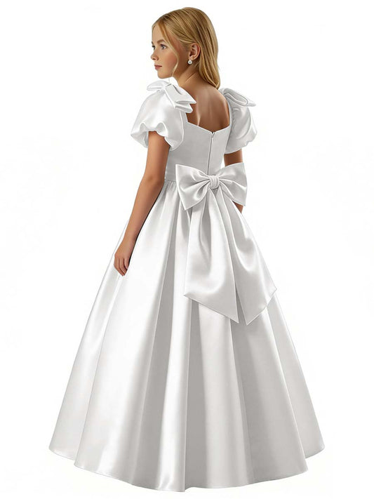 dideyttawl 2026 Satin Flower Girl Dress A Line Big Bow Long Prom Princess Ball Gown Puff Sleeves Junior Bridesmaid Dress 2773