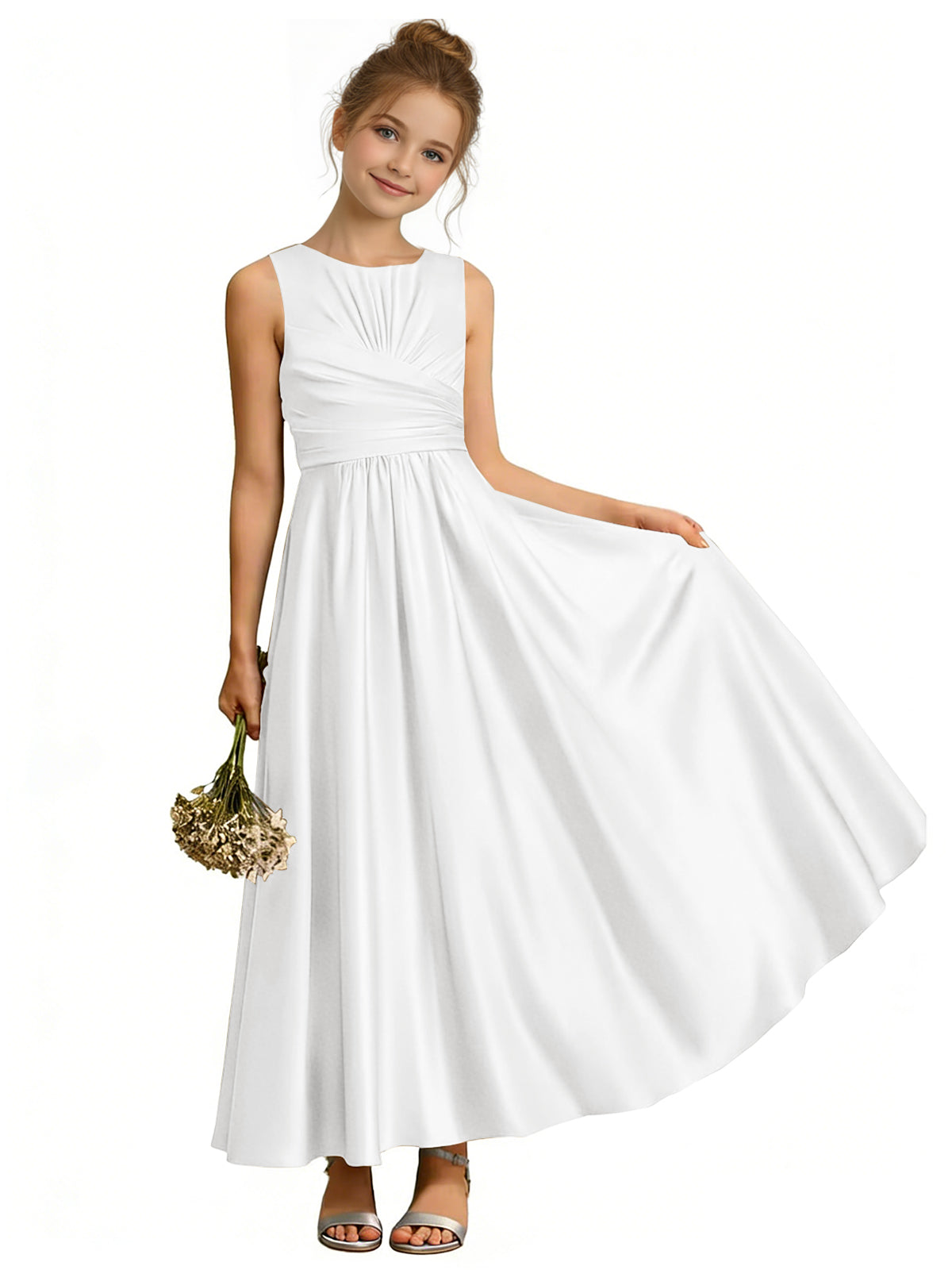 dideyttawl Satin A-Line Junior Bridesmaid Dresses Pleated Girls Special Occasion Gown