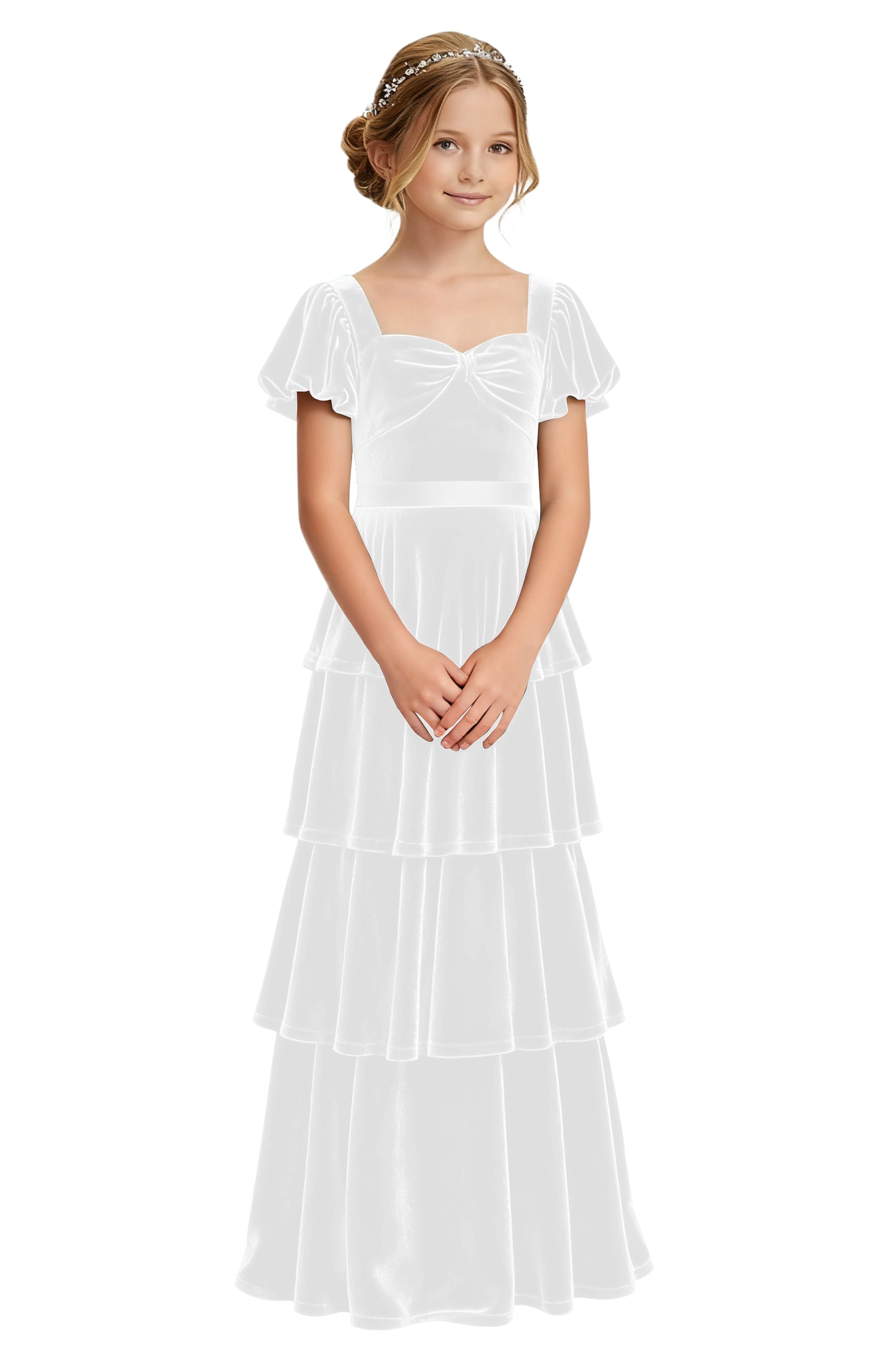 dideyttawl Girls Pleated Velvet Short Lantern Sleeves Long Junior Bridesmaid Dress 2542