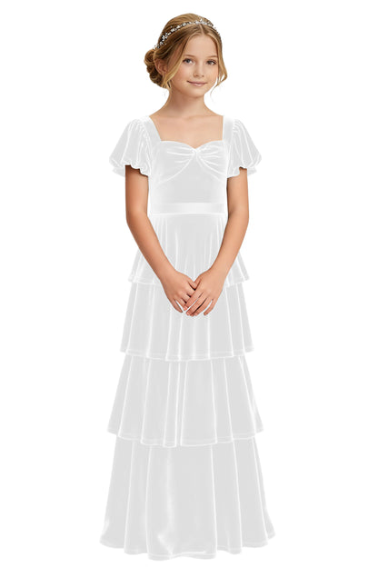 dideyttawl Girls Pleated Velvet Short Lantern Sleeves Long Junior Bridesmaid Dress 2542