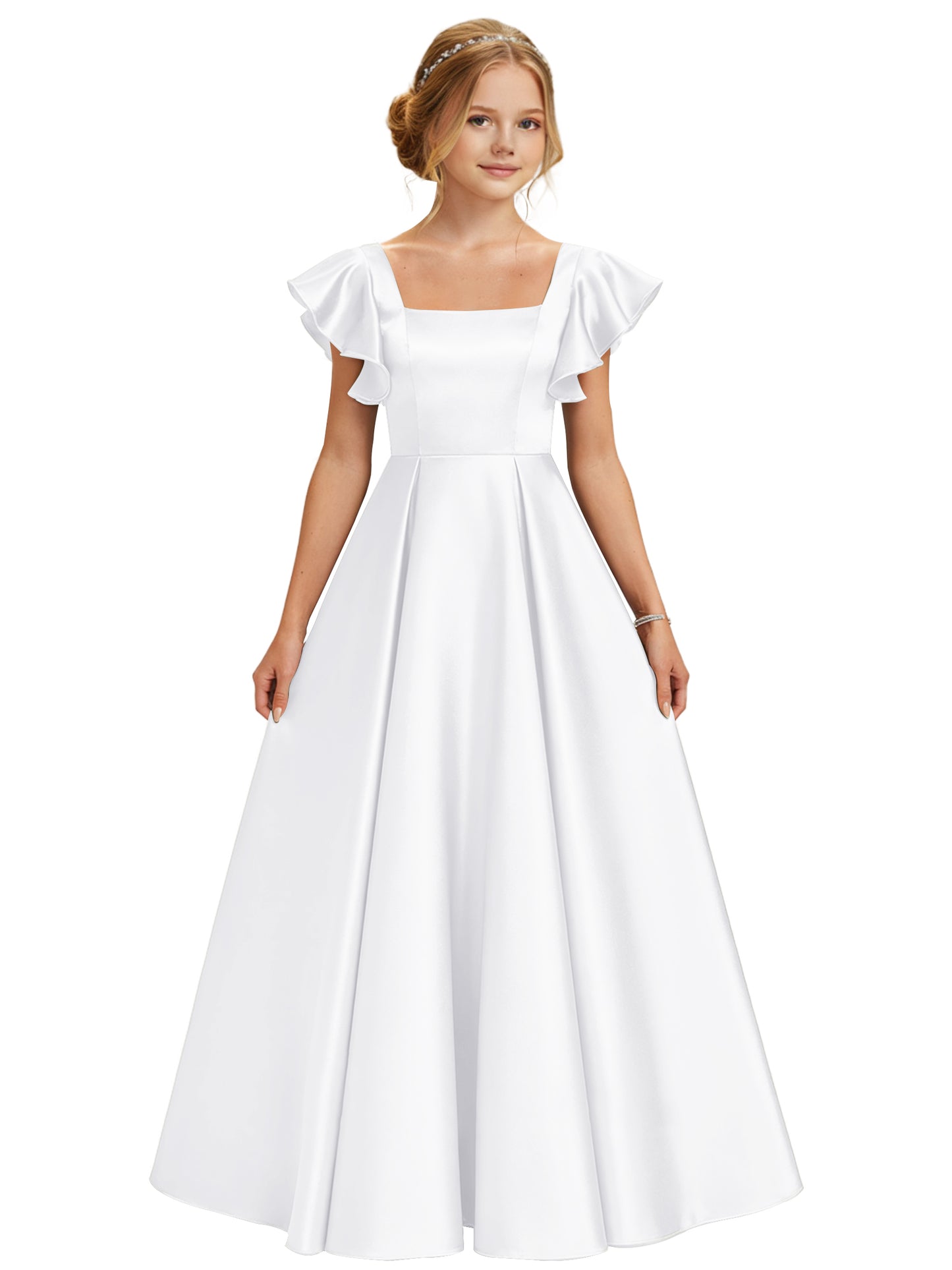 dideyttawl 2026 Girls Satin Prom Ball Gown Princess Dress Maxi Ruffle Sleeve Junior Bridesmaid Flower Girl Dresses 2546