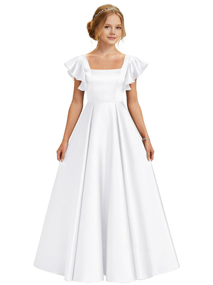 dideyttawl 2026 Girls Satin Prom Ball Gown Princess Dress Maxi Ruffle Sleeve Junior Bridesmaid Flower Girl Dresses 2546